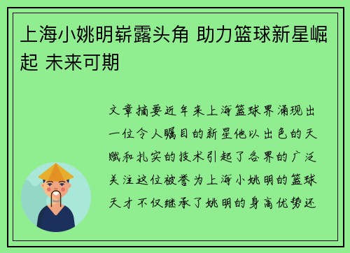 上海小姚明崭露头角 助力篮球新星崛起 未来可期